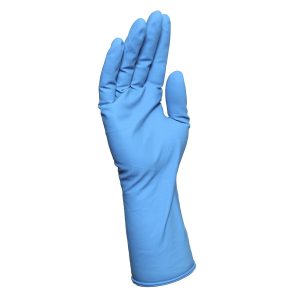 Перчатки смотровые латексные: сверхпрочные, нестерильные, неопудренные, текстурированные по всей рабочей поверхности длина 29-30см, цвет синий, с валиком вес 18 грамм